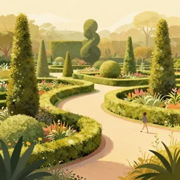 Beautiful artwork garden of the future, hedges, Topiary plants, Nice colour scheme, warm colour. Beautiful artistic digital artwork by artist Lurid. (2022), Gediminas Pranckevicius