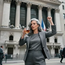 professional lady destroying wall street short sellers with her mind powers while drinking bourbon. gray hair, wearing gray clothes, in the style of rolf armstrong.