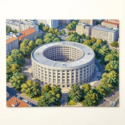aerial view of a circular building surrounded by trees, a jigsaw puzzle by victor enrich, flickr, berlin secession, panorama, uhd image, wide lens