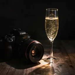 canon camera. complete darkness. backlit champagne glass. one small light source.