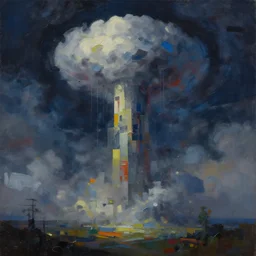 abstract oil painting of a gigantic tower of doom in a surreal landscape, surrounded by clouds, midnight, 4 k, artstation
