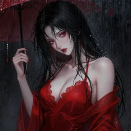 beautiful lustful female ghost, in the rain, highly detailed, painting, dark red and black color palette, intricate, high quality anime artstyle, in the style of sana takeda