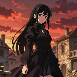 1 7 - year - old anime goth girl, black hair, long bob cut, long bangs, gothic coat, golden hour, partly cloudy sky, red clouds, orange sky, old town, strong lighting, strong shadows, vivid hues, ultra - realistic, sharp details, subsurface scattering, intricate details, hd anime, 2 0 1 9 anime