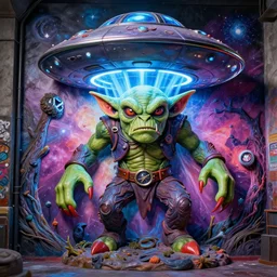 an 8 k photo real glossy hi res volumetric lighting 8 0 mm graffiti mural depicting a gremlin ufo orc zardoz lovecraft stranger things lord of the rings where the wild things are game of thrones jwst nasa beast monster frightening clay sculpture fright night horror terror super hero toy marvel dynamic god rays portal milky way galaxy