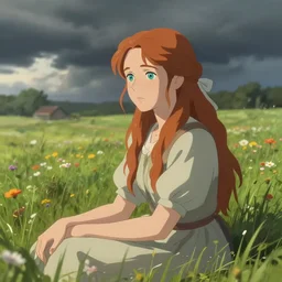 a beautiful southern woman named Savannah, innocent, sad turquoise eyes, freckles, long ginger hair tied with white ribbon, relaxed in a field of flowers on a farm, gentle lighting, storm in the distance, somber, western clothing, dress, digital art by Makoto Shinkai ilya kuvshinov and Wojtek Fus, digital art, concept art,