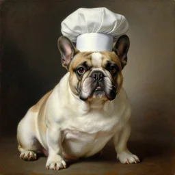 high quality neoclassical painting of a fat french bulldog chef, very detailed, oil on canvas.