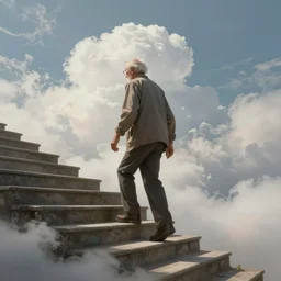old man walking up a staircase to cloudy heaven, advanced digital paint, surrealism, ultra detailed, 8k