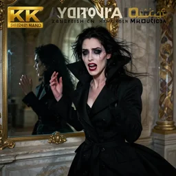 hyperrealistic portrait of a woman as a vampire witch tears sorrow makeup cracks tears dramatic dynamic gestures in a black coat reflection in a classical stone palace mirror. by jeremy mann and alphonse mucha, fantasy art, photo realistic, dynamic lighting, artstation, poster, volumetric lighting, very detailed faces, 4 k, award winning