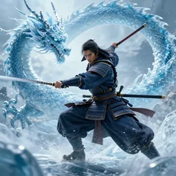 a beautiful digital image of a samurai in battle with an ice dragon, ultra realistic, detailed, dynamic shot, cinematic, concept art, no blur,