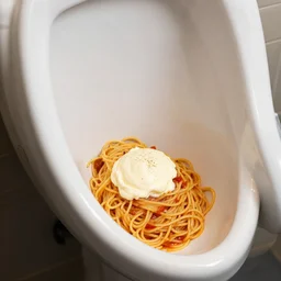 food photography of spaghetti with a urinal cake in a urinal, bon apatite