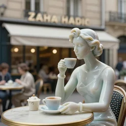 beautiful hyperrealism three point perspective film still of woman having coffee at paris cafe scene in < zaha hadid > ( 1 9 5 3 ) extreme closeup in style of 1 9 9 0 s frontiers in translucent porcelain miniature architecctural photography dezeen edition, pointe posed porcelain model, tilt shift style scene background, soft lighting, kodak portra 4 0 0, cinematic style, telephoto by emmanuel lubezki