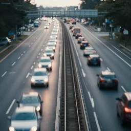 a stunning aesthetic wallpaper of a highway full of traffic with a train track and bus lane, photograph, 8 k, motion blur, soft focus, cinematic lighting, trending on flicker.