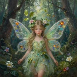breathtaking detailed soft painting of a little fairy princess in the distance of a luxurious dawn forest by loputyn, art by matcha, gauze dress of stained glass embers floating around, detailed realistyc symmetrical facial features, amalgamation of leaves and flowers, 8k, concept art, matte, sharp focus, rembrandt style