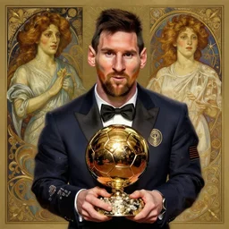 lionel messi winning his 1 4 th ballon d'or, d & d, fantasy, intricate, elegant, highly detailed, digital painting, artstation, concept art, matte, sharp focus, illustration, art by artgerm and greg rutkowski and alphonse mucha