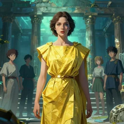 high detail portrait of a possessed woman wearing an ancient greek tunic made of yellow paper, stephen bliss, fantasy art by greg rutkowski, rhads, ferdinand knab, makoto shinkai and lois van baarle, ilya kuvshinov, rossdraws, tom bagshaw, global illumination, radiant light, ancient greek temple ruins, green blue color theme