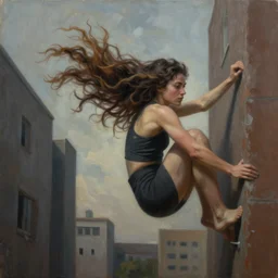 a radically realistic fine art painting of a early twenties female parkouring between buildings with flowing hair, inspired by David Stoupakis, studio portrait, muted colors, detailed hair,  cinematic lighting, trending on artstation, 4K