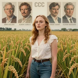 portrait of sophie turner, standing deep in a rice farm, looking into the distance, pcc propaganda poster, intricate, hyperdetailed, photorealistic, diffuse lighting, hdrp, artstation, unreal 5, smooth, textless, sharp focus, art by john collier, albert aublet, krenz cushart, zdzisław beksinski, arte