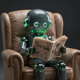 futuristic lonely matte dark gray and translucent green full-body humanoid robot with huge expressive comically sad LED eyes and open rectangular mouth sitting on a large comfortable cushioned vintage recliner reading a newspaper comics page. Cinematic Lighting, Cinematic Movie Photograph, Arri Alexa, Extremely Detailed, smooth, very very clean, simple, 8K, octane render, maya render, unreal engine, trending on artstation, DSLR, excellent composition, moody