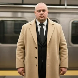 chubby clean - shaven man in his late 3 0's wearing a beige overcoat with a black suit and necktie. he is standing in an underground subway.
