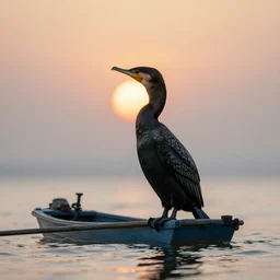 rising sun ( ( ( fishing cormorant, fishing boat ) ) ) on the naples bay, by paul gustav fisher and moebius