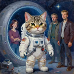 kitty cat tabby spaceknight astronaut wearing a nanotech vest while standing next to a portal cristi balanescu ross tran ismail inceoglu dug stanat jakub rebelka oil painting impasto
