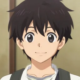 an anime boy facing forward smiling