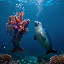 sealife fighting underwater, deep sea, organic, mariana trench, midnight zone, bubbles, vibrant lights, hyper realistic, hyper detailed, digital art, trending in artstation, studio quality, photorealistic, photo, by jesper ejsing, wlop, paul lehr