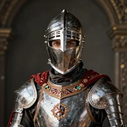 man in decorated crusader armor and crusader helmet