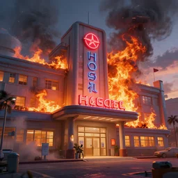 a beautiful hyperrealistic detailed 3D render of a burning hospital with a neon sign, by Anton Otto Fischer, Atey Ghailan, genzoman, unreal engine, octane render, gigantic, 3D, brilliantly coloured, intricate, ultra wide angle, trending on artstation, embers, smoke, dust, dusk, volumetric lighting, HDR, polished, micro details, ray tracing, 8k