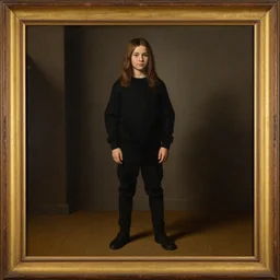 painting of a long haired teenager!!! clothed with a black playstation sweater, full body!!!, renaissance!!! painting!!!, ultra detailed, masterpiece, framed