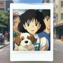 a polaroid full body portrait of a ( disney's character ) 1 9 5 0's girl with her dog, finely detailed features, closeup at the faces, perfect art details, in a city, sun, gapmoe, yandere, trending on pixiv fanbox, painted by ( ilya kushinov ) makoto shinkai takashi takeuchi studio ghibli akihiko yoshida