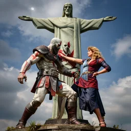 kratos fighting against cristo redentor statue, 8 k, hdr, great light, gustave courbet, annie leibowitz