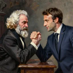oil painting of karl marx and emmanuel macron arm wrestling