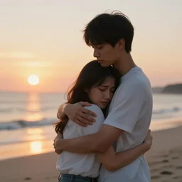 a boy embracing an emotional girl on the beach, sunset, extremely detailed, raytracing, art by artgerm, greg rutkowski and alphonse mucha, artstation