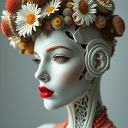 biomechanical beautiful woman portrait with a smooth carved porcelain ivory profile face, futuristic haute couture, iris van herpin, headdress with daisies, colorful puffballs, mushrooms, rhizomorphs, brackets, sponge corals, laser cut paper mesh, red plump lips, hyper detailed, ultra sharp, 8 k, uhd