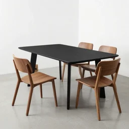 black dinner table with modern wooden chairs designed by zaha hadid, product image, photography