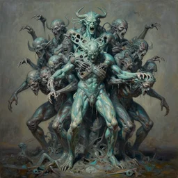 oil paint of flayed god machines, cluster machine creature, aggressive aqua battle rotting, by alberto bontempi, alex ross, shigeru komatsuzaki, wayne d barlowe, alex ross, stefano tamburini, simon bisley & boris vallejo, enric torres, hyper realism, narrative light, muted colors, epic, hyper detailed, awe inspiring, award winning