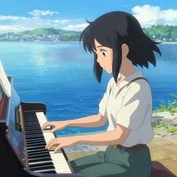 Anime girl playing piano on blue water, distance!!!!!!!, landscape, Cushart Krenz, Shinkai Makoto, lots of details, extremely detailed, 4k