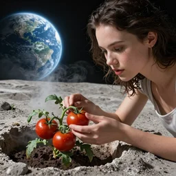 closeup hyperdetailed shot if a gorgeous beautiful girl on the moon caring for ripen tomato plants inside a crater filled with smoke, planet Earth in the sky by Craig Mullins, ilya kuvshinov, krenz cushart, artgerm trending on artstation by Edward Hopper and Dan Mumford and WLOP and Rutkovsky, carl spitzweg and moebius, Unreal Engine 5, Lumen, Nanite
