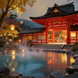 cozy ethereal empty onsen next to grand japanese pogota red and gold by greg rutkowski craig mullins ross tran mucha levitating lanterns lumen reflections matte painting fantasy specular lighting trending on artstation