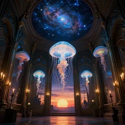 delicate swirling jellyfish artnouveau museum interior design, bioluminescent, steampunk artnouveau, constellation nebula ceiling, candlelight, sunset glow, dark shadows, octane render, volumetric lighting, raytracing, symmetrical wide shot low angle