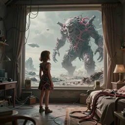 rgb, tiny woman looking at a giant monster over the horizon, dynamic pose, on an alien planet, movie scene, inspired by zdzislaw beksinski, clothes made out of veins,, cables everywhere, bedroom, ultra realistic, concept art, intricate details, highly detailed, photorealistic, octane render, 8 k