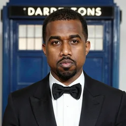 portrait of kanye west front of tardis as the doctor! with bowtie! in doctor who, doctor who, movie still, cinematic lighting, ray tracing, octane render, long lens, shallow depth of field, bokeh, anamorphic lens flare, 8 k, hyper detailed, 3 5 mm film grain