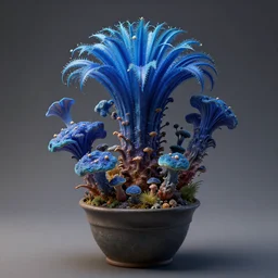 a photograph of a blue fantasy futuristic beautiful dangerous sci fi hybrid tropical desert mutant weird exotic poisonous flora flower fungi in a pot, hyper realism, octane render, 8 k, hyper detailed, vivid, ultra detailed, highly detailed
