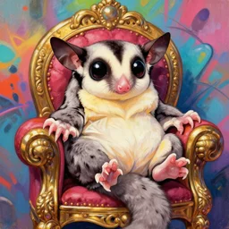 beautiful anime painting of fat sugar glider princess chilling on her throne, by gaston bussiere, j. c. leyendecker, craig mullins. trending on artstation, 8 k, masterpiece, graffiti paint, fine detail, full of color, intricate detail, golden ratio illustration, face enhance, sugar glider