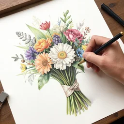 pov image of hand sketching a bouquet of flowers, accurate. highly detailed. realistic. by artgerm and magali villanueve and michael whelan, 4 k