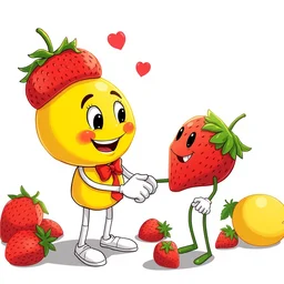 lemon head shaking hands with strawberry head, artstation
