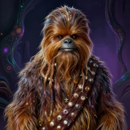 hyper detailed masterpiece, chewbacca portrait jean giraud, digital art painting, darkwave goth aesthetic, psychedelic, artgerm, donato giancola, tom bagshaw