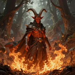 brown-skinned Tiefling Hexblade with small goat horns and a cape, surrounded fire, epic wallpaper, wide shot, high fantasy, trees, intricate detail, digital painting, artstation, concept art, smooth, sharp focus, illustration, art by monia merlo and wlop and artgerm and craig mullins