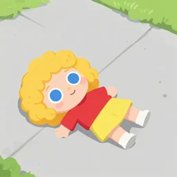flat shaded cartoon cute girl figure with curly blond hair, blue wide eyes. the girl is wearing red shirt and yellow short dress. she is falling on the sidewalk.